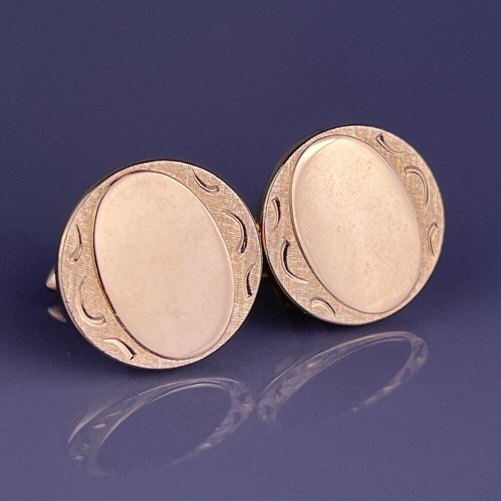 Round Simple Cufflinks Gold Tone Carved Florentine Polished Finish Plain Vintage